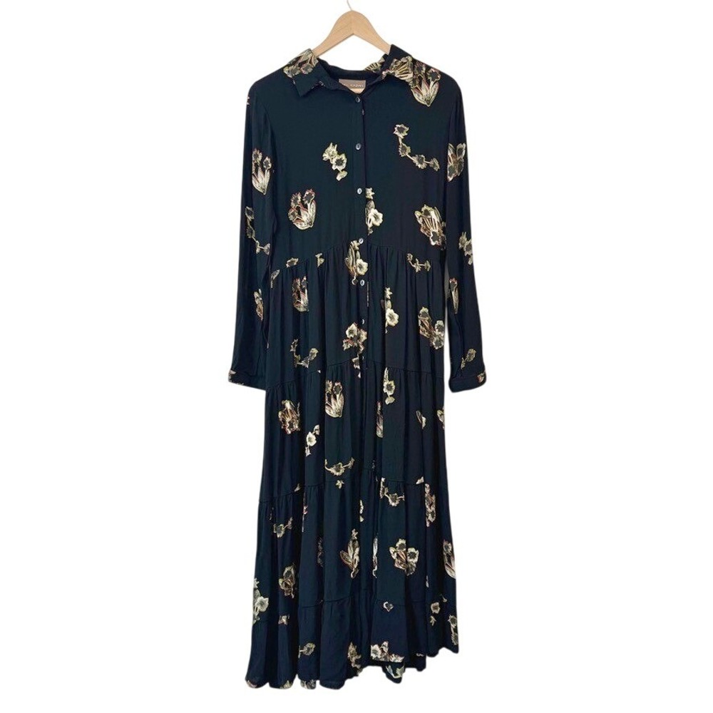 Bel Kazan Womens Small Black Floral Tiered Button Front Long Sleeve Midi Dress